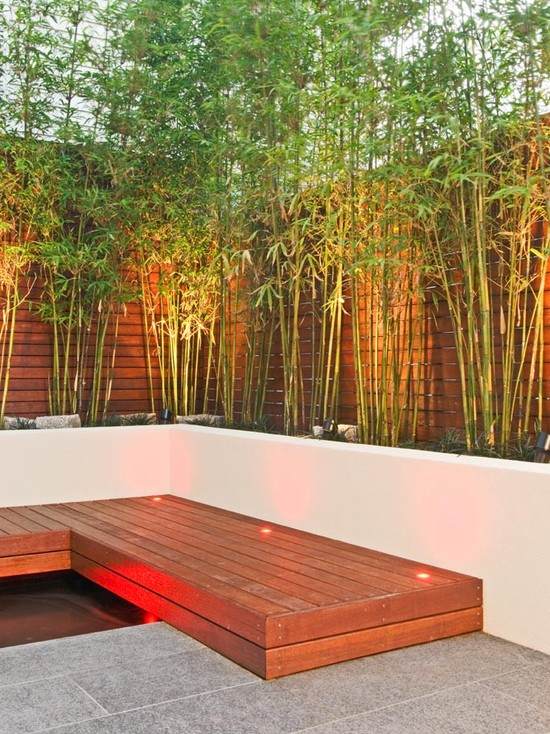 terrasse innenhof bambuspflanzen holz zaun bodenleuchten