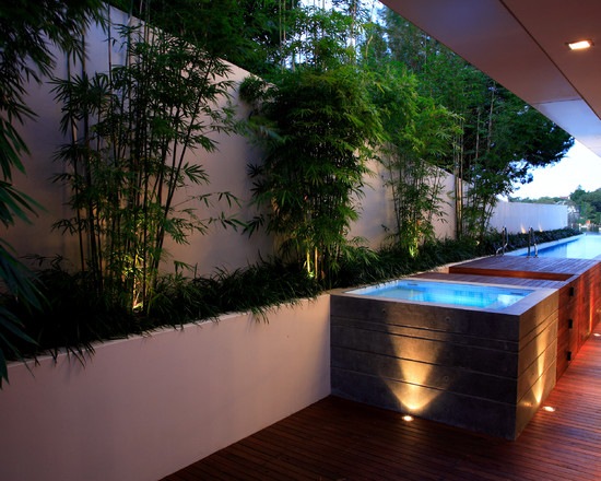 terrasse pool bambus pflanzen bodenleuchten wand