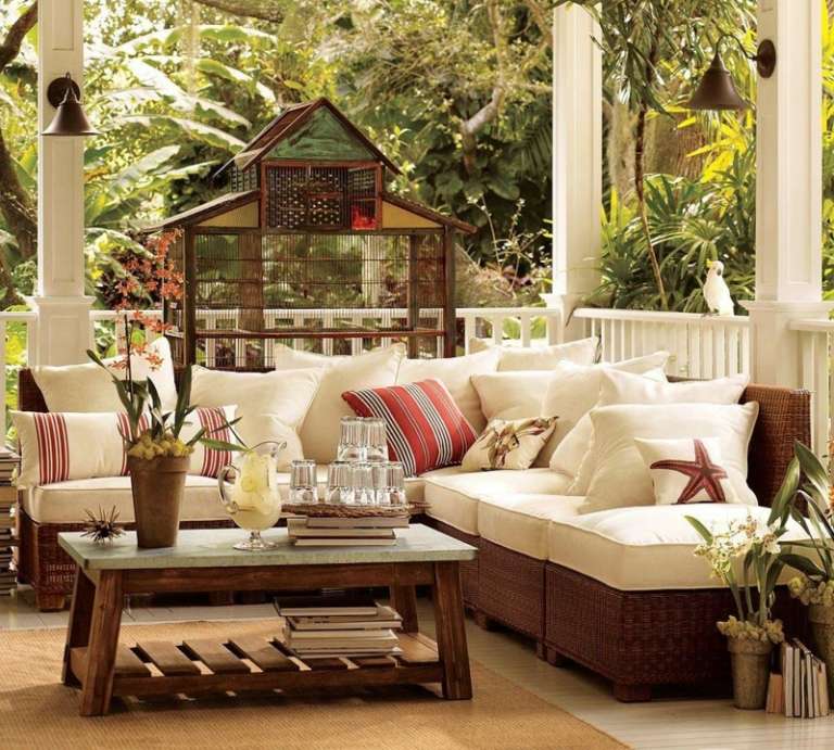 terrasse und garten gestalten braun couch rattan veranda idee vogelkaefig