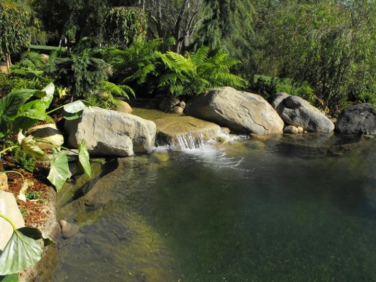 Bachlauf-Garten-Wasserfall-lauschige-immergruene-Pflanzen-Wohlfuehloase