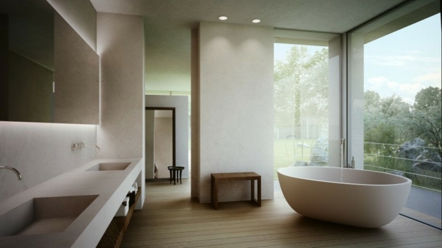 Bad gestalten freistehende Badewanne Waschbecken Einbauleuchten Holz Bodenbelag