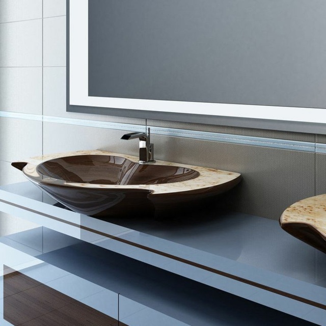 Badezimmer luxuriös einrichten Waschbecken Holz minimalistischer Waschtisch blau Spiegel LED Beleuchtung