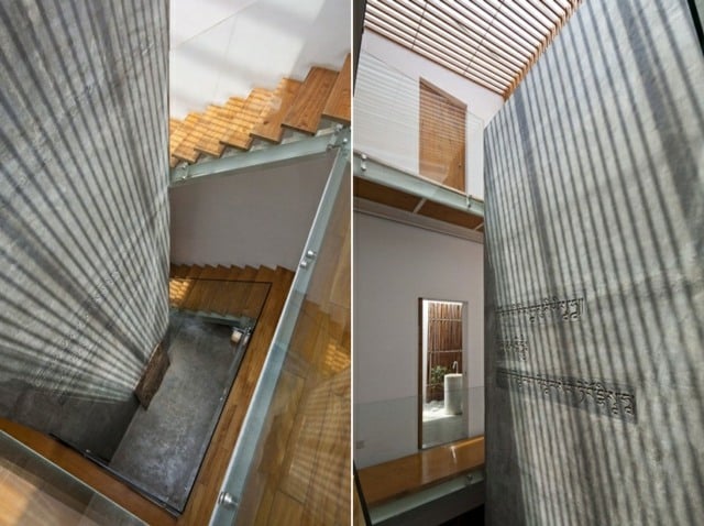 Haus moderne Architektur Holztreppe weiß Schatten Sonne