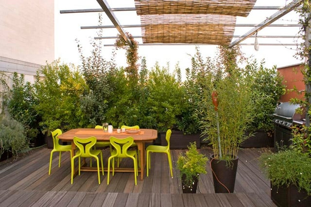 Dachterrasse Holz Bodenbelag Stauden Zimmerpflanzen Pflanzkübel Holzmöbel