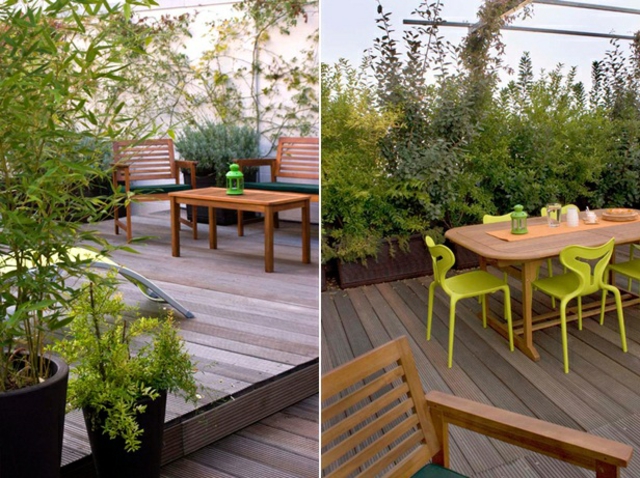 Dachterrasse gestalten Holz Bodenbelag Tisch immergrüne Pflanzen Stühle