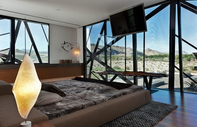Einrichtung Schlafzimmer Bett-Bezug Panorama Blick-Las-Vegas