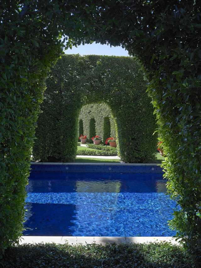 Garten mit Swimming-Pool Hecke Bogen Sichtschutz lebendige Pflanzen
