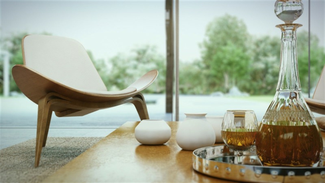 Holzstühle Tisch Getränke Tassen Windlichter Wohnzimmer Kilim Glasfronten