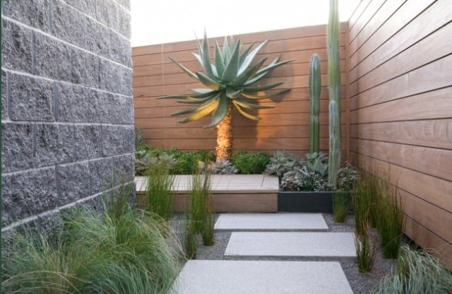 moderne Innenhof Gestaltung-gartenweg stein Sichtschutz üppige Pflanzen