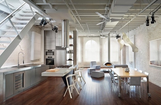 Loft Wohnung-weiße wände Industrie-chic stahl-küche soho penthouse wohnung