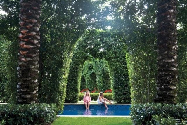 Palmen im garten landschaft-im mediterranen-stil mit pool-hecken