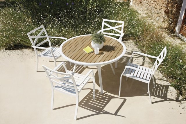 roma rund Gartentisch-aus Holz-weiße Kante metall stühle