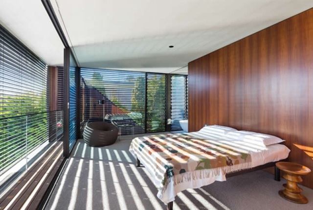 Schlafzimmer sichtschutz-Ideen mit Holzverkleidung Fenster-jalousien