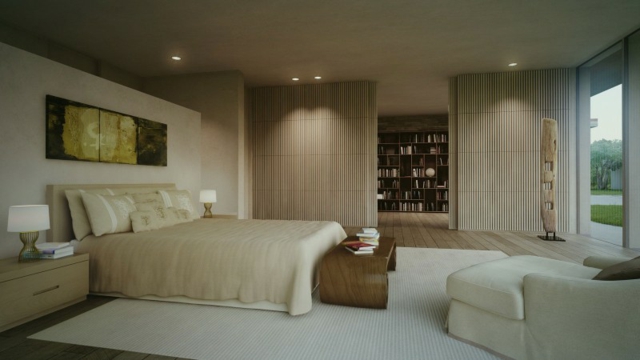 Schlafzimmer einrichten Holz Schiebewand Doppelbett Bild Nachttisch Sessel weiß