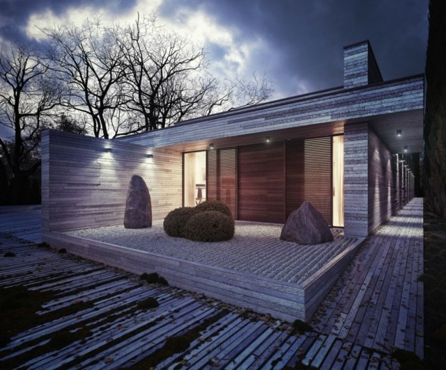 Bodenbelag Moos schöne moderne Architektur Holzwand Paneele