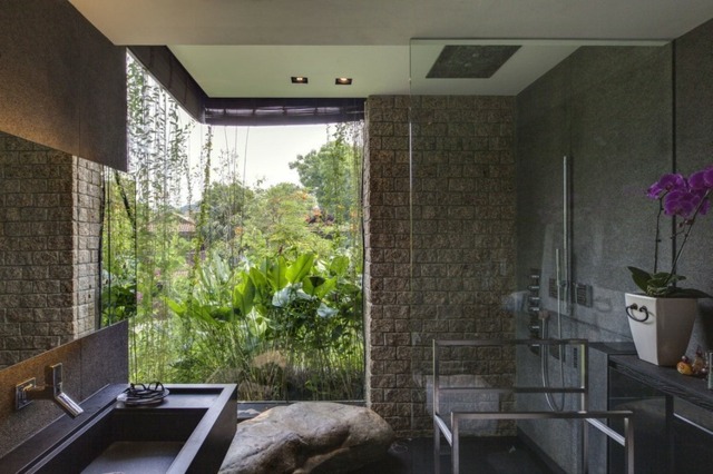 Duschkabine freistehende Badewanne Orchidee Glaswand
