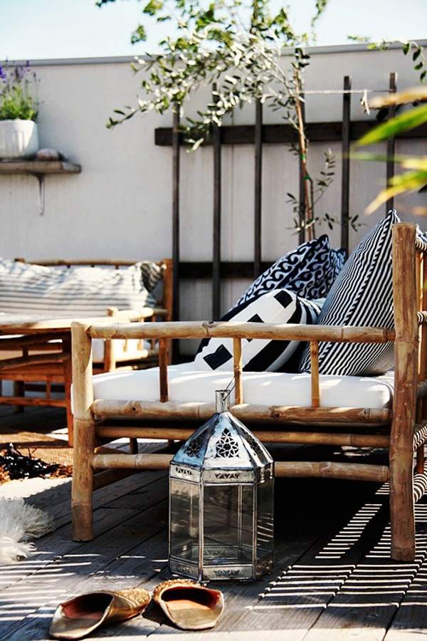 Terrassenmöbel Holz-Sitzbank mit Auflagen-outdoor Kissen schwarz-weiß-Muster
