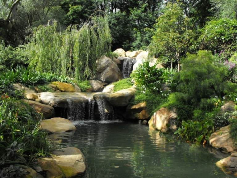 Wasserfall-Bachlauf-ueppige-Pflanzen-Gartenteich-Rand