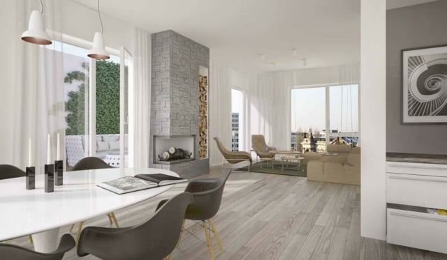 Wohnzimmer Bodenbelag St%C3%BChle Tisch Penthouse Wohnung einrichten Wohnideen