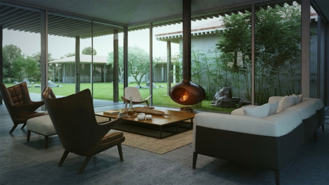 Wohnzimmer hängender Kamin Verglasung zwei Glasfronten Möbel Holz Beton Boden Platten