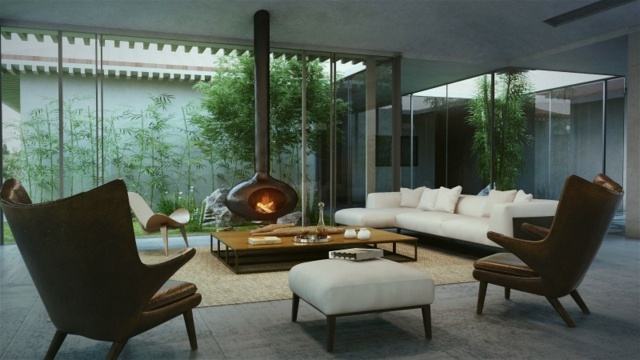 Stil Sessel Sofa weiß Glaswand Schiebetüren Innenhof gestalten Bambus