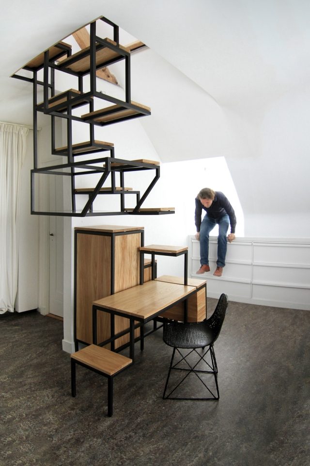 design treppe kombination stahl holz platz arbeiten stauraum
