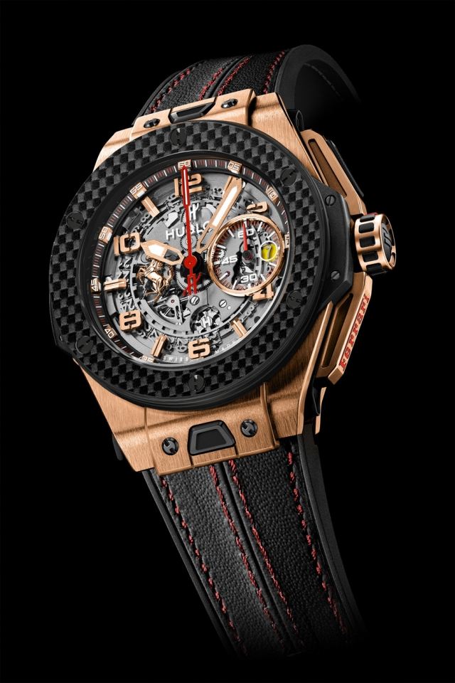 Ferrari-Uhr von Hublot schwarz gold luxus