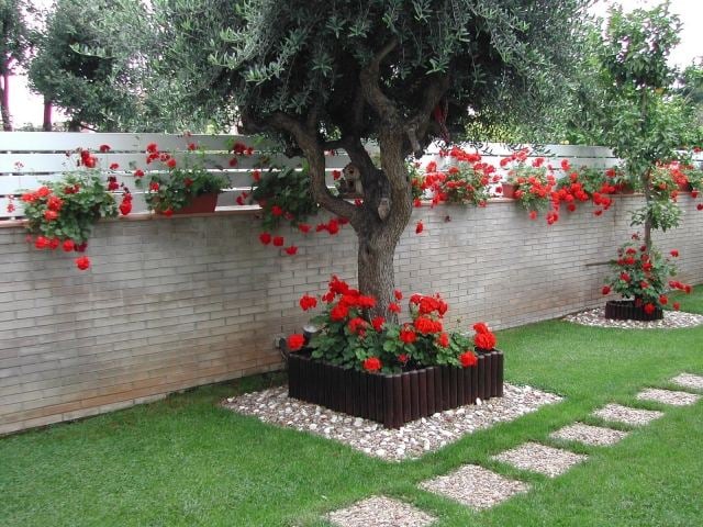 gartengestaltung ideen baum rote geranien hochbeet trittsteine gartenmauer