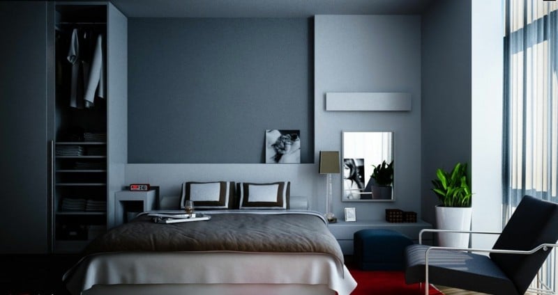 kleines schlafzimmer minimalistisch grau gestaltung stuhl leder interieur