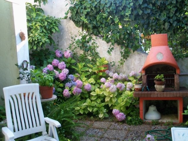 kleingarten gestalten terrasse hortensien gartengrill