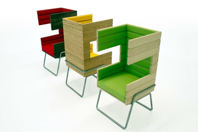 Sitzgruppe Sessel grün gelb rot Eichenholz