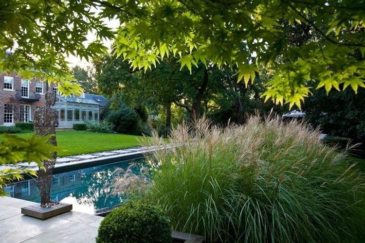 Moderne Gartengestaltung -ideen-tipps-luxus -pool-pampasgras-skulptur