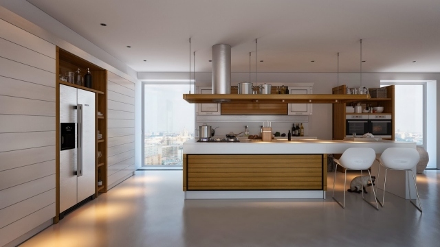 moderne küche-weiße stühle-eingebaute küchenschränke-kühlschrank