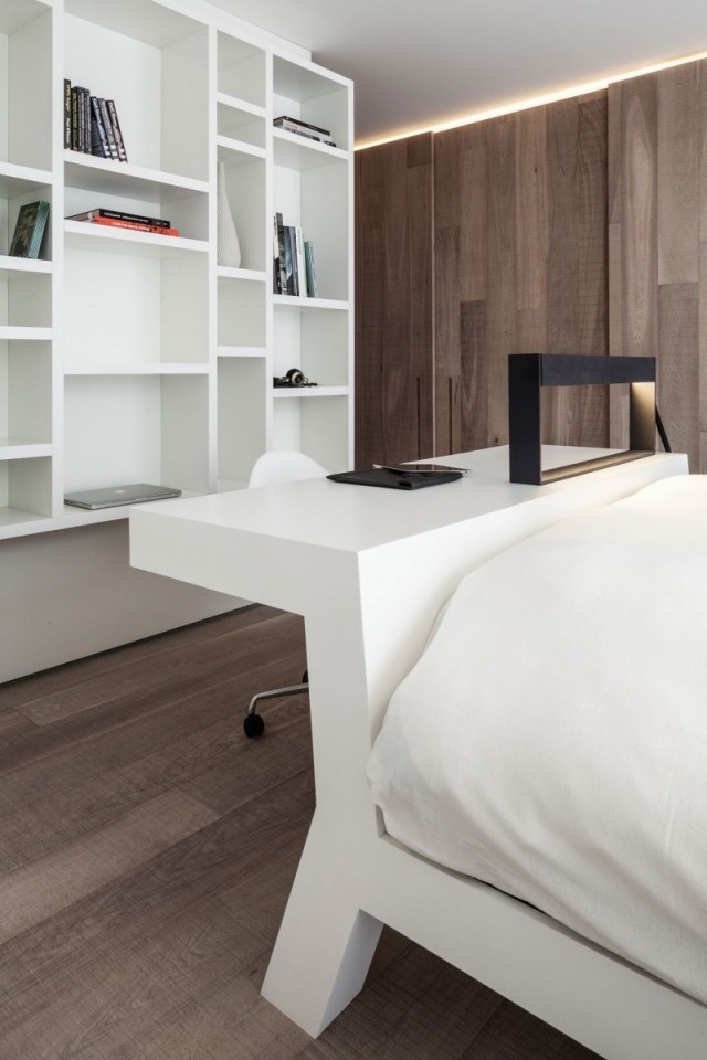 moderne wohnung schlafzimmer schreibtisch design weißes wandregal