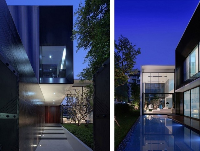 modernes wohnhaus bangkok pool terrasse gartenfläche nachtbeleuchtung
