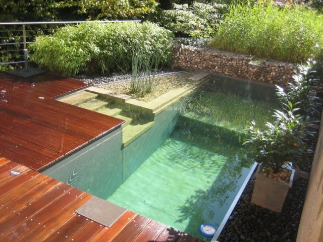 öko Schwimmteich im Garten terrasse holz verschiedene ebenen