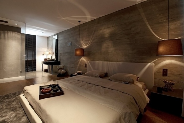 schlafzimmer design doppelbett lichteffekte holz wandverkleidung