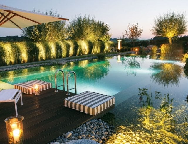 Schwimmteich im Garten anlegen design terrasse beleuchtung