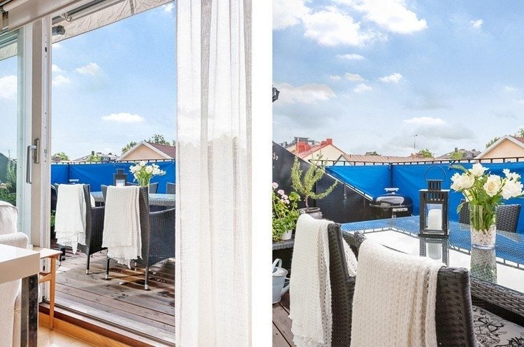 Sichtschutz für Balkon bespannung-blau-rattan-balkonmoebel