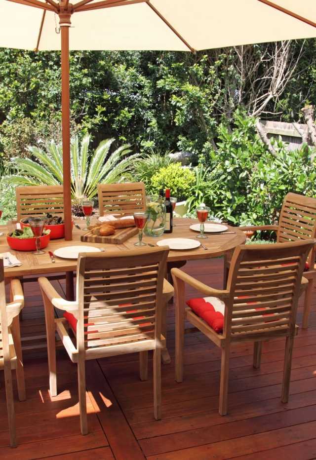  Gartenmöbel aus Teakholz  sonnenschirm esstisch stuehle pflegetipps