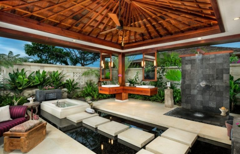 terrassenüberdachung bauen tropisch stil holz outdoor bad teich lounge
