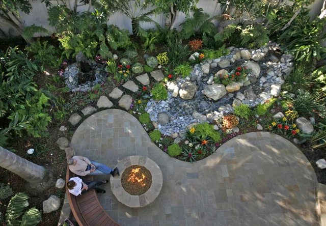 Tipps zur Gartenbewässerung stein feuerstelle wasserspiel pflanzen