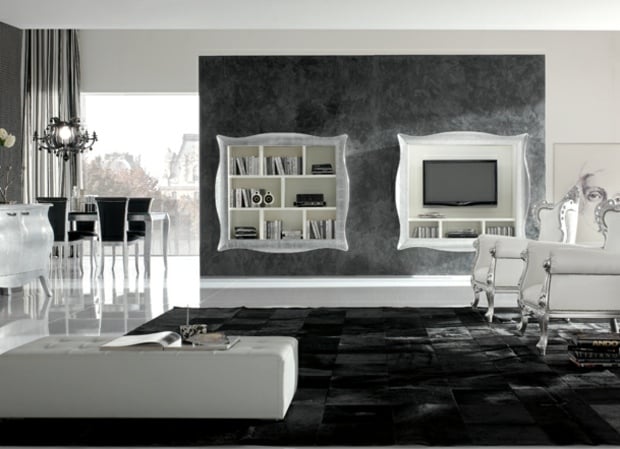 Stühle schwarz Teppich Lederhocker Wandgestaltung