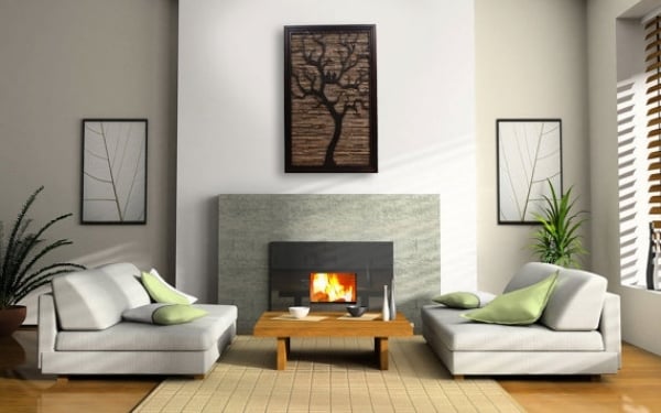 wohnzimmer mit Kamin-wand dekorieren Holz-Bild mit Baum Silhouette