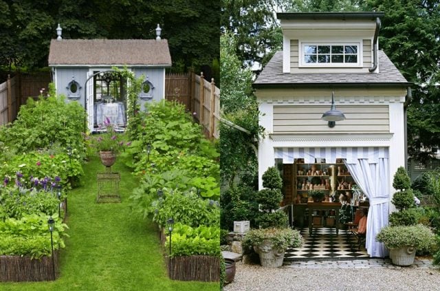 Gartenhäuser aus Holz Ideen Gemüsegarten Sitzplatz Hochbeeten