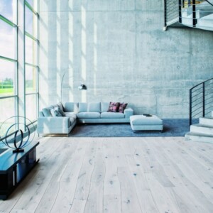 Eichenholz Bodenbelag natürliche Schönheit Sofa graue Sichtbeton Wand