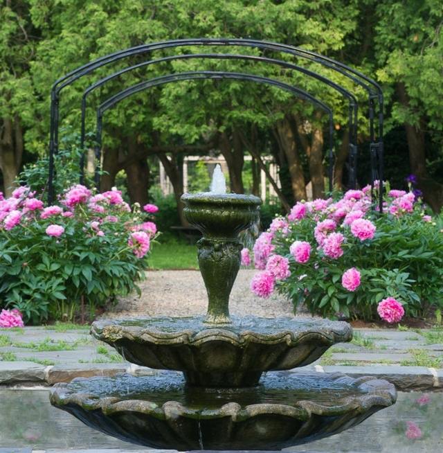 Stil anlegen Pfingstrosen rosa Blüten Gartenbrunnen Pergola