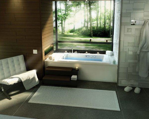 design badewanne neben fenster holz wand natürlichkeit traditionell