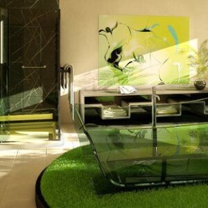 Gestaltungsideen-für-das-Badezimmer-mdoern-grüne-akzente-frische-atmosphäre-gras-glas