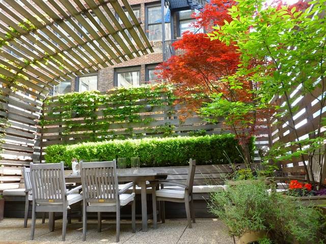 Kletterpflanzen Sonnenschutz Ideen Kleingarten gemütlicher Tisch Stühle